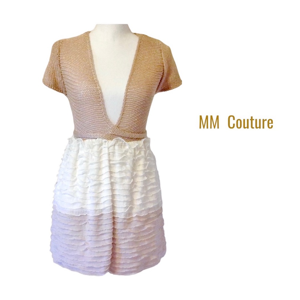 🆕 MM COUTURE Metallic Gold Tie Front Long Cardigan w/Ivory & Beige Ruffles NWT - Picture 5 of 12